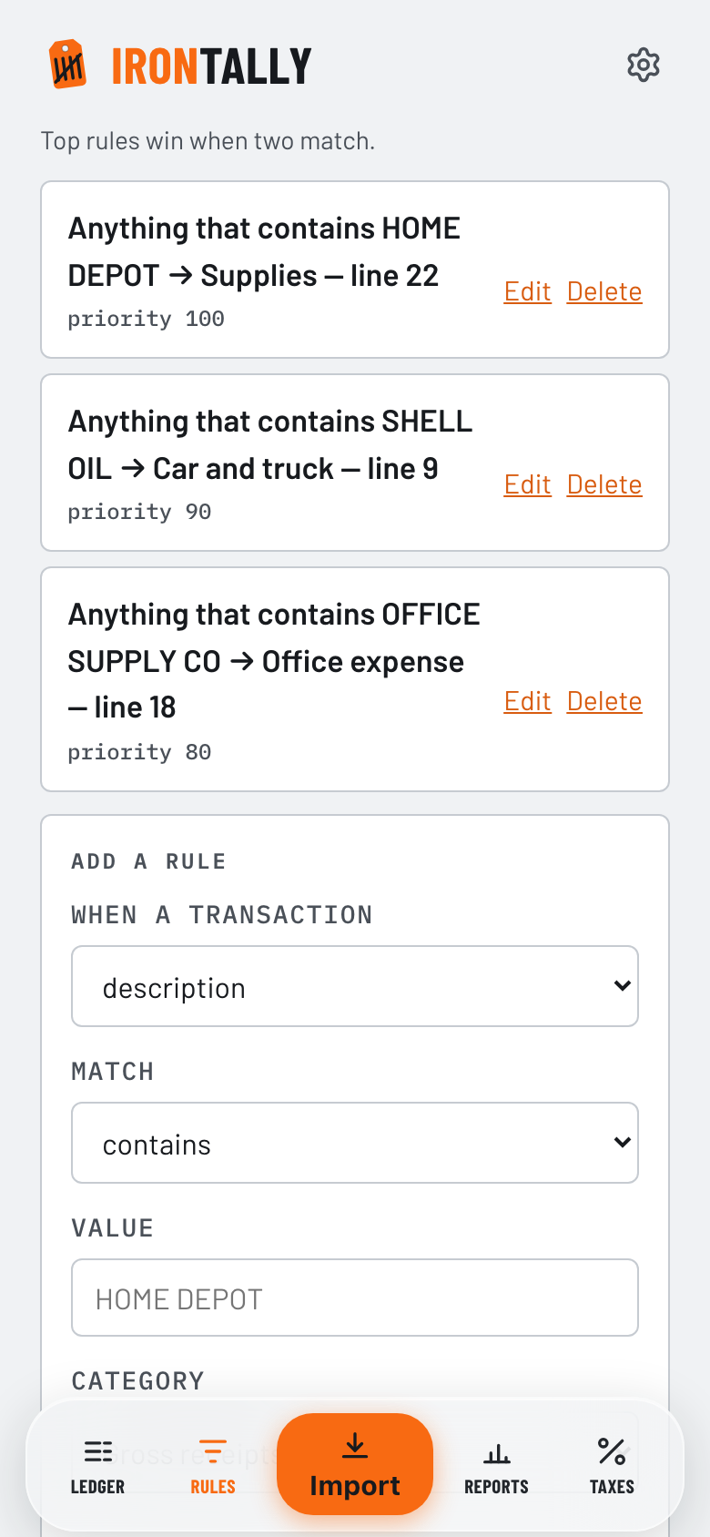 The Rules view: plain-language rules reading anything that contains HOME DEPOT goes to Supplies, line 22.